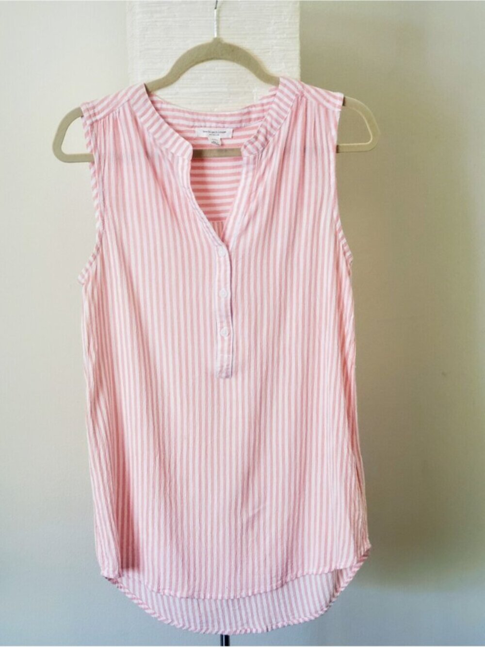 Pink & White Striped Sleeveless Henley Summer Blouse M